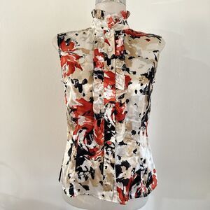 St. John 100% Silk button Up ruffled floral Blouse Sz 2 High Neck corporate Work